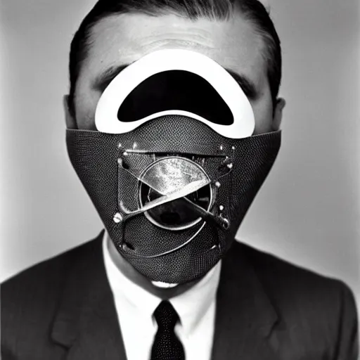 Image similar to man wearing a reel projector mask, in a suit, 1960 photograph