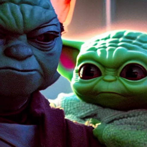 Image similar to neon movie still from mandalorian with angry baby yoda.