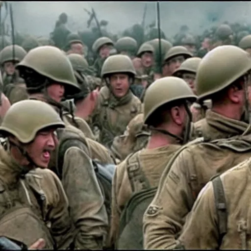 Image similar to movie still from saving private ryan with soldiers replaced with minions, action, d - day