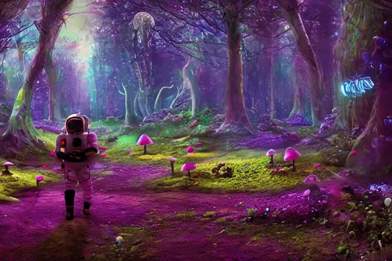 Image similar to An astronaut walking in an enchanted fantasy forest. Colorful. Glowing mushrooms. Flying fairies. Cinematic lighting. Photorealism.