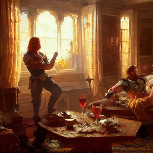 Image similar to attractive muscular mike with ginger hair with attractive tyler with brunet hair, drinking their hearts out, in their noble mansion. image defined to the maximum, highly detailed painting by gaston bussiere, craig mullins 8 k