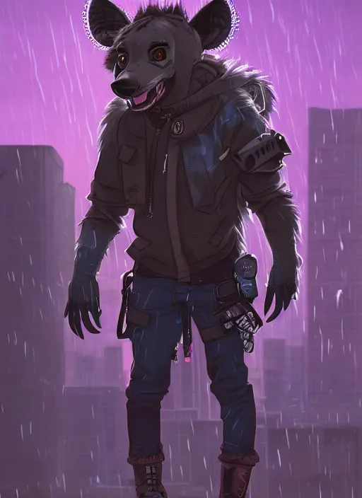 Image similar to character portrait of a male anthro hyena fursona with a tail and a cute beautiful attractive detailed furry face wearing stylish cyberpunk clothes in a cyberpunk city at night while it rains. color page, tankoban, 4K, tone mapping. By Nomax, Kenket, Rukis.