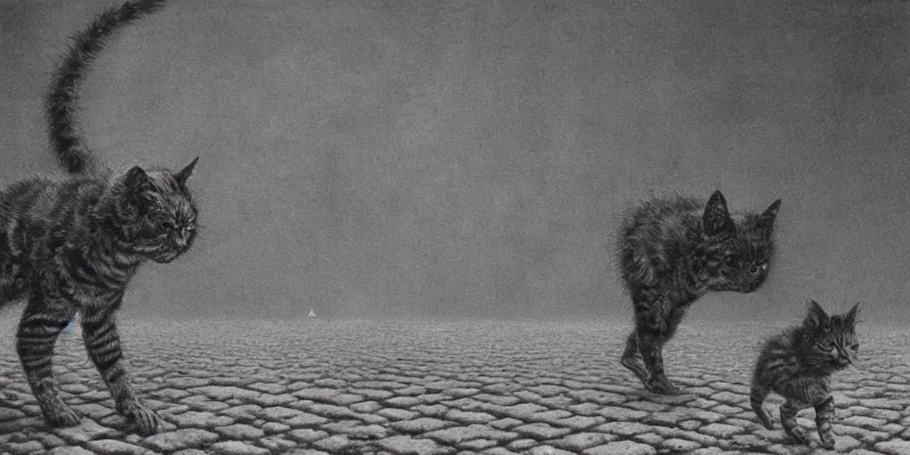 Prompt: cyberpunk demon kitten walking in a dystopian wasteland, Beksinski, MC Escher