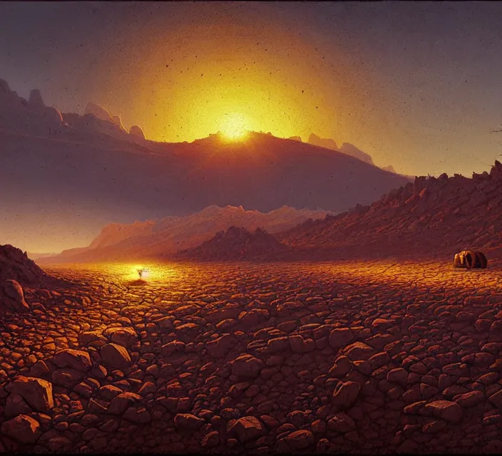 Prompt: the crash site at a dry river bed in a barren 🏜 by ivan shishkin and zacharias aagaard and simon stalenhag and dan mumford and josan gonzalez, chiaroscuro, tonalism, sfumato, high saturation, retrowave