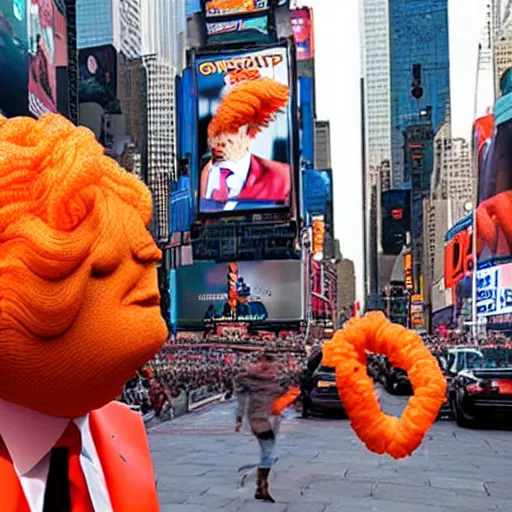 Image similar to photograph of Donald trump licking a giant Cheeto in times square