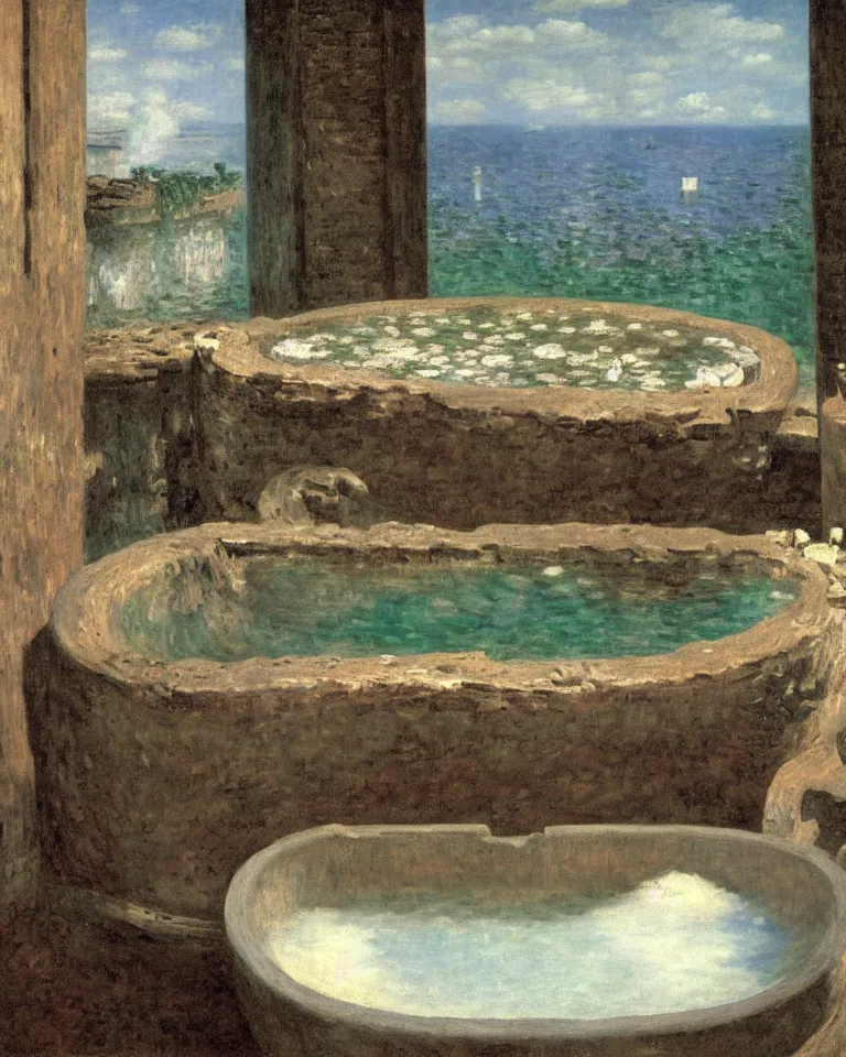 Image similar to achingly beautiful painting of an ancient roman bathtub by rene magritte, monet, and turner. piranesi.