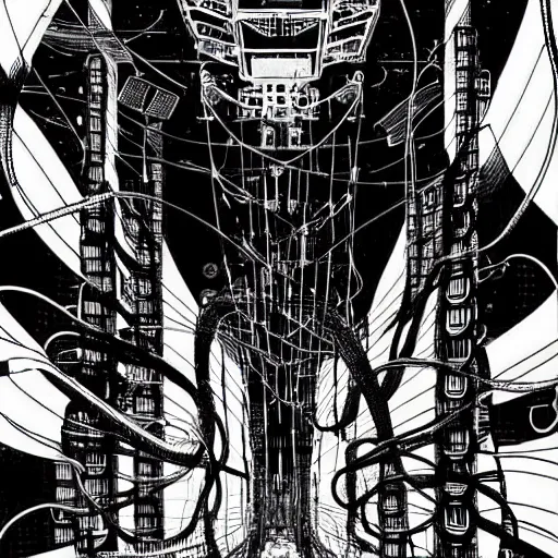 Image similar to sad biological androids with tentacles, through a huge cybernetic megastructure multi - level metropolis in space, black and white, by nihei tsutomu