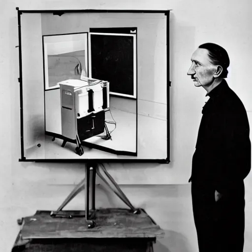 Image similar to Kodachrome portrait of Marcel Duchamp with an technologival machine, archival pigment print in the style of Hito Steyerl, studio shooting, contemporary art