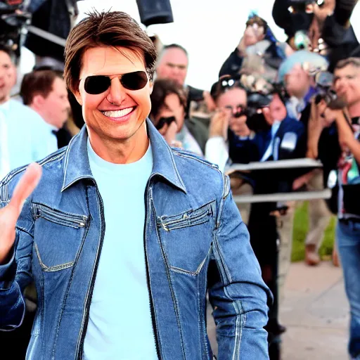 Image similar to Tom Cruise waving to fans. He's wearing bluejeans and a green jacket, Ralph Lauren. A helicopter is in the background. Shallow depth of field