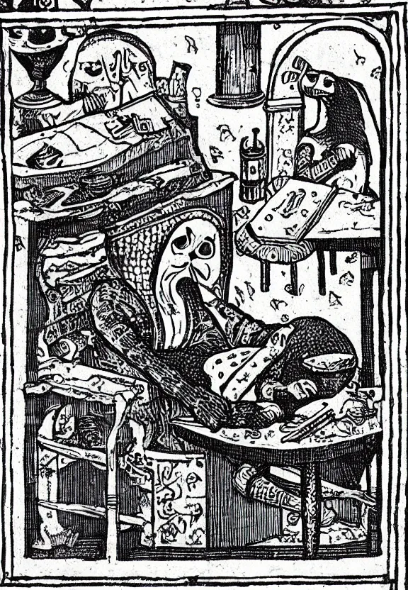 Prompt: [Grim medieval illustration of a cat watching youtube on a computer]