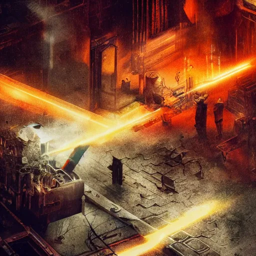 Prompt: weapon made from old egg beater, balding older cyborg repairing, red hot soldering iron, dark messy smoke - filled cluttered workshop, dark, dramatic lighting, orange tint, cinematic, highly detailed, sci - fi, futuristic, movie still from blade runner