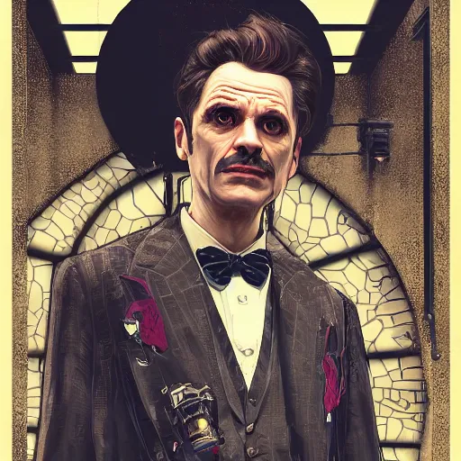 Prompt: [UHD Professor Moriarty as a GTA villain on on a London rooftop in futuristic steampunk London, correct faces, intricate, elegant, graphic detail, digital painting, trending on artstation, concept art, tonalism, sharp focus, illustration, art by Annie Leibowitz and Greg Rutkowski and Alphonse Mucha]