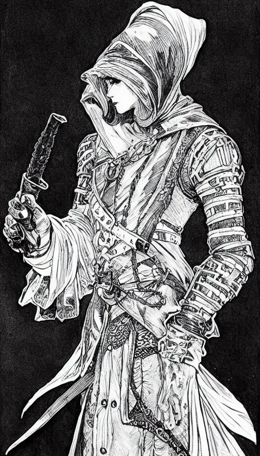 Image similar to a black and white ink fine ink drawing of a thief, from of thrones, in leather armor, fibonacci, sweat drops, intricate fashion clothing, concept art, smooth, sharp focus, illustration, art by alphonse mucha and travis charest