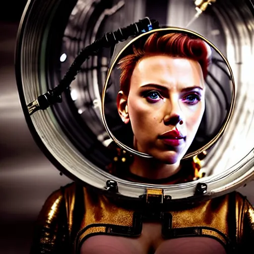 Prompt: scarlett johansson in a space age metallic steampunk steam - powered city with pipework and electrical wiring around the outside, professional photography, 8 0 mm telephoto lens, realistic, detailed, photorealistic, photojournalism