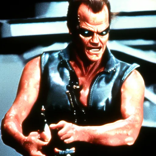 Image similar to Jack Nicholson plays Terminator, scene where his endoskeleton gets exposed, film scene 1990 cinematography