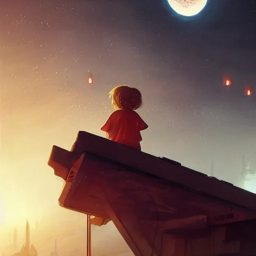 Prompt: a little girl watching hundreds of chinese sky lanterns in the night sky over a sci-fi space base, by Greg Rutkowski