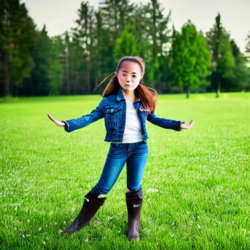 Image similar to a young girl plays on a great green meadow, she wears a jacket, jeans and boots, she has ponytails, photo taken by a nikon, highly detailed, sharp focus