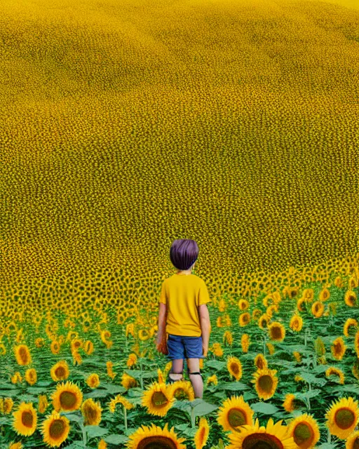 Image similar to boy standing on a hill looking down into the valley of sunflower fields, hills, cliffs, yellow sunflowers by beeple