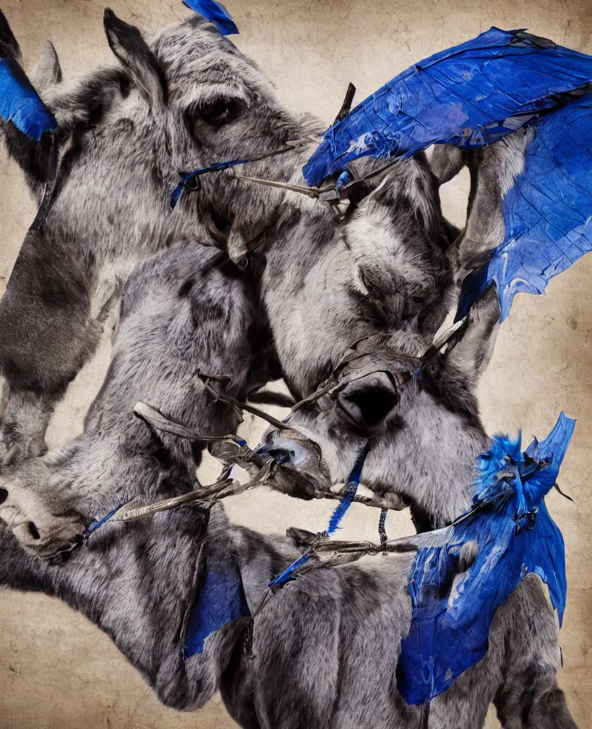 Image similar to a big blue demon with bat wings and big sharp teeth is riding a bandaged donkey, maximalist, photography, 4k