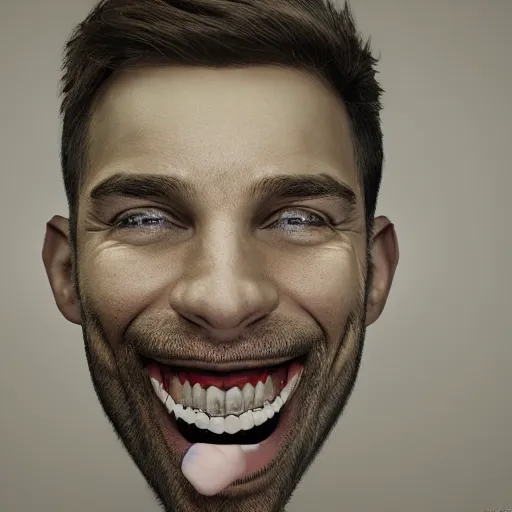 Image similar to a men with a large distorted smile, ultra realistic, photorealiste, portrait photo