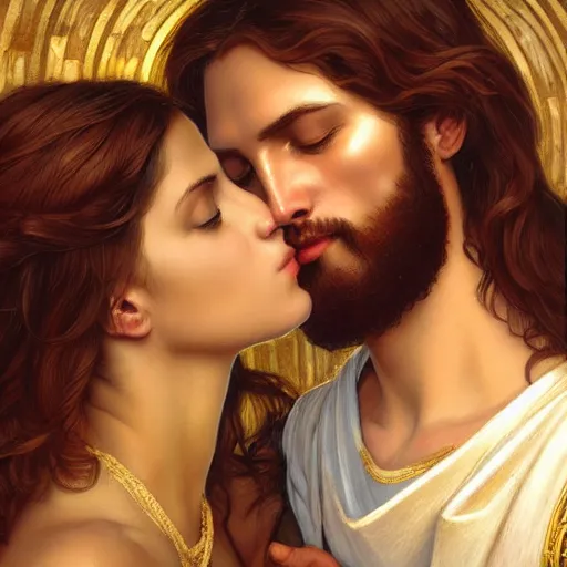 Image similar to jesus kissing a sensual woman in jerusalem, elegant, highly detailed, digital painting, artstation, concept art, matte, sharp focus, highly detailed, 4 k, hdr, smooth, sharp focus, high resolution, award - winning photo, photorealistic, art by artgerm and greg rutkowski and alphonse mucha, large shot