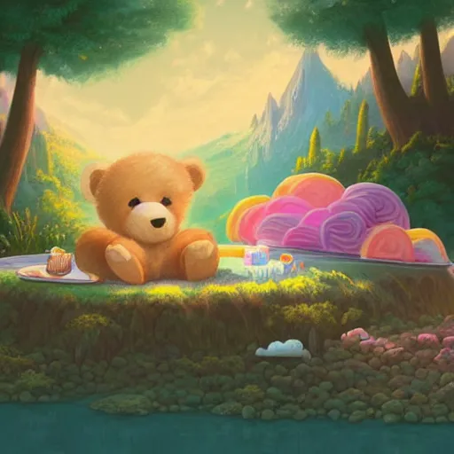 Image similar to a beautiful digital matte painting of an adorable teddy bear with fairy wings sleeping on a cloud of cotton candy, surrounded by candy and desserts, bright natural morning light, mountains river trees, pastel color palette, by andreas rocha and jeremiah ketner