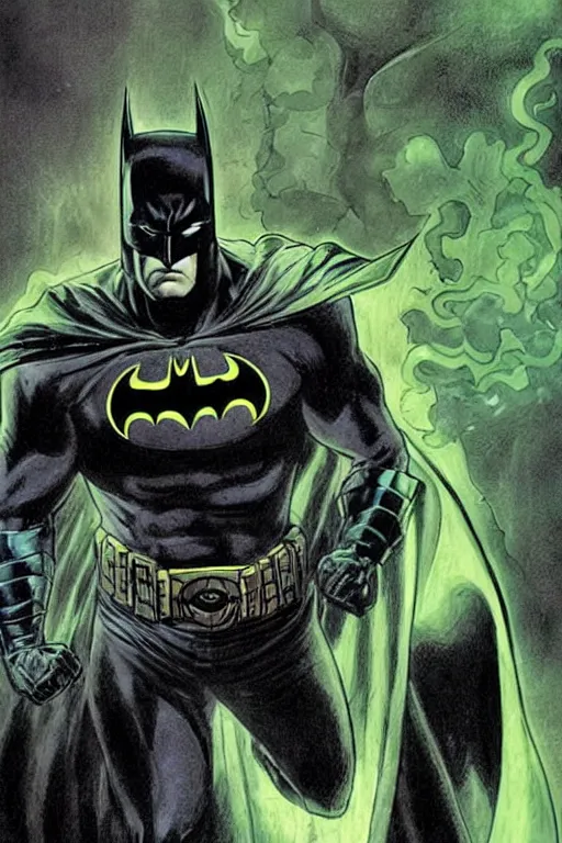 Image similar to angry batman, with dark ghost smokes around, green scary lights, illustration, jason fabok, jim lee, mark brooks, alex ross style, dark fantasy color scheme, cinematic, mysterious, artgem