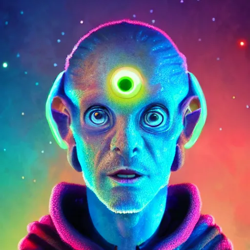 Image similar to close up portrait of a young alien lizard human as a wizard man, pixar style, stylized face, intricate detail, digital painting, glowing orange eyes, neon colors, vaporwave, particles floating, background by wlop, artwork by ross tran and ramond swanland and liam wong and mike winklemann, trending on artstation