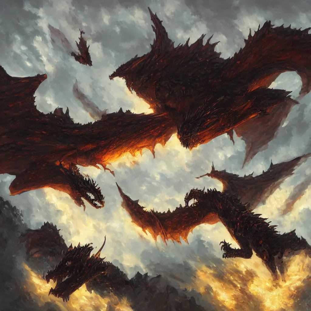 Prompt: oil painting of one deathwing dragon flying down on earth by greg rutkowski, closed up view