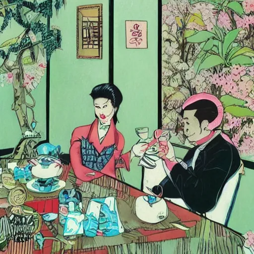 Image similar to Japanese beauty wrapped in a snake having tea with her husband by Toshio Saeki, high detailed