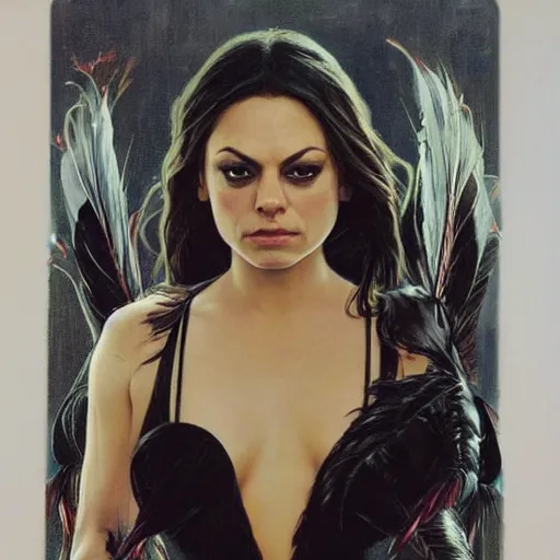 Prompt: mila kunis as the dark swan queen, black feathers instead of hair, feathers growing out of skin, black bodysuit, disney villain, dark fae, moulting, suspended in zero gravity, on spaceship with cables hanging down, highly detailed, mike mignogna, ron cobb, mucha, oil painting