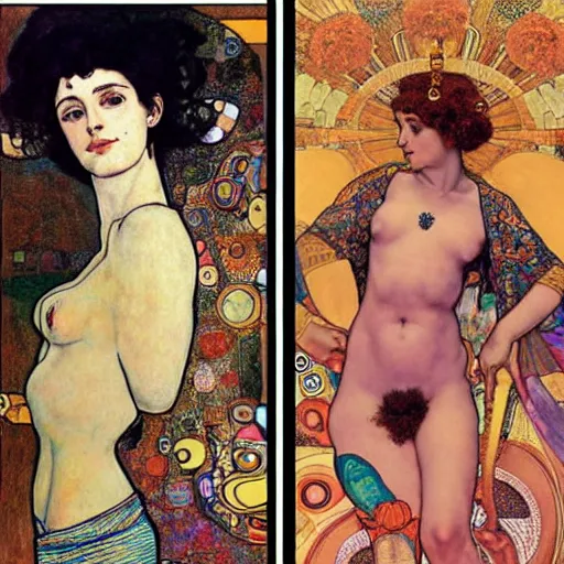 Image similar to a goddess of transcendential consciousness, contrapposto, egon schiele, gustav klimt, alphonse mucha, retro futurism