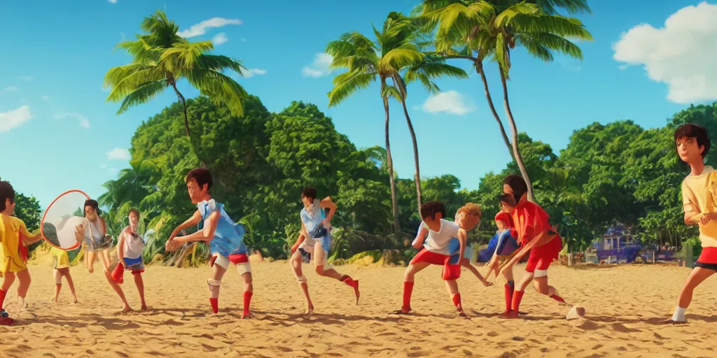 Image similar to a film still of a scene, where children playing football and badminton, a sunny and colourful beach scene in hawaii, the weather is very windy. wide shot, wes anderson, studio ghibli, pixar and disney animation, sharp, rendered in unreal engine 5, anime key art by greg rutkowski, bloom, dramatic lighting