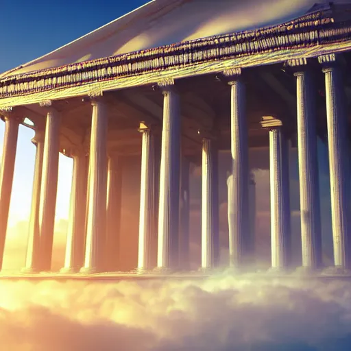 Image similar to photo, god's rejected first draft of humanity, inside a heavenly neo - futuristic greek revival beautiful cloud city with large white marble columns, golden hour lighting, god rays, volumetric lighting and fog