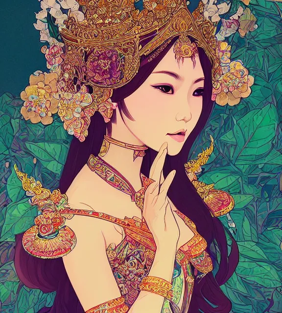 Prompt: beautiful and detailed digital illustration of thai rice princess by kittichai rueangchaichan and Ilya Kuvshinov, floralpunk, Artstation, art nouveau aesthetic, Alphonse Mucha background, intricate details,