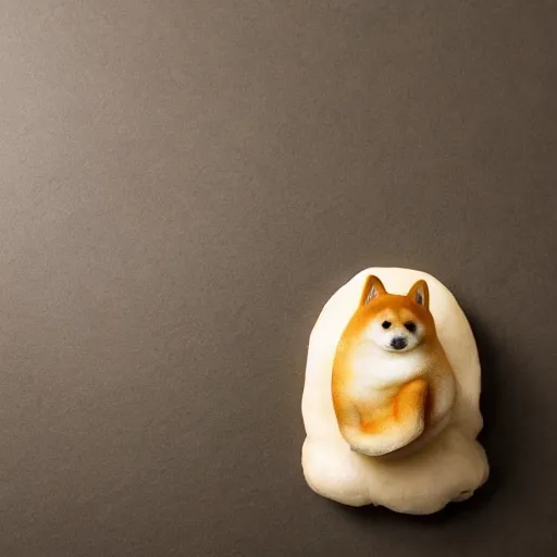 Image similar to a delicious steamed bun in the shape of a shiba inu. studio lighting, high resolution, high quality, dark background