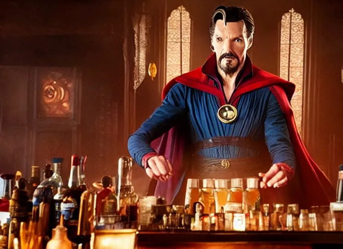 Image similar to film still of Doctor Strange working as a bartender in the new Avengers movie, 4k