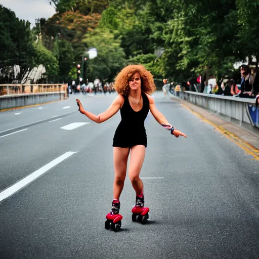 Prompt: cool hip cavewoman rollerskating, award winning photography