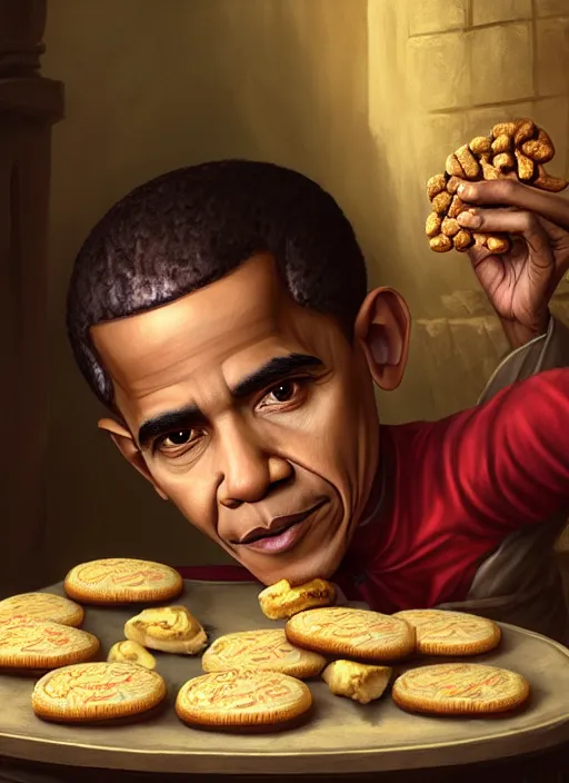 Image similar to highly detailed closeup portrait of obama as a fairytale medieval prince eating cookies, unreal engine, nicoletta ceccoli, mark ryden, lostfish, earl norem, global illumination, god rays, detailed and intricate environment