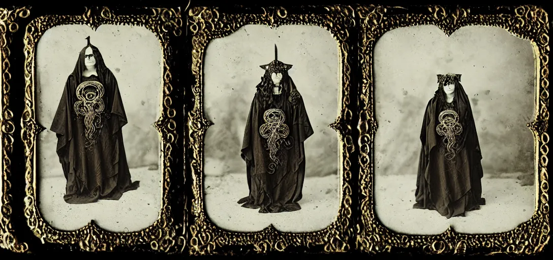 Image similar to tintype ambrotype daguerreotype of a cthulhu priestess adorned in occult jewels wearing occult ceremonial robes. with tentacle hair. emerging walking out of a slithering baroque frame.