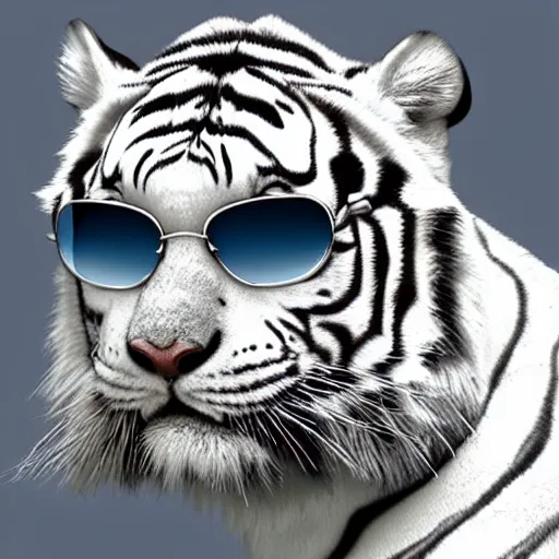 Image similar to white tiger wearing aviators, digital art, very detailed, artstation