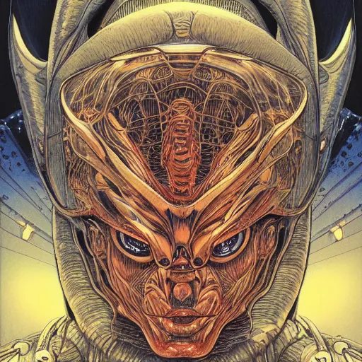 Image similar to portrait of crazy alien, symmetrical, by yoichi hatakenaka, masamune shirow, josan gonzales and dan mumford, ayami kojima, takato yamamoto, barclay shaw, karol bak, yukito kishiro