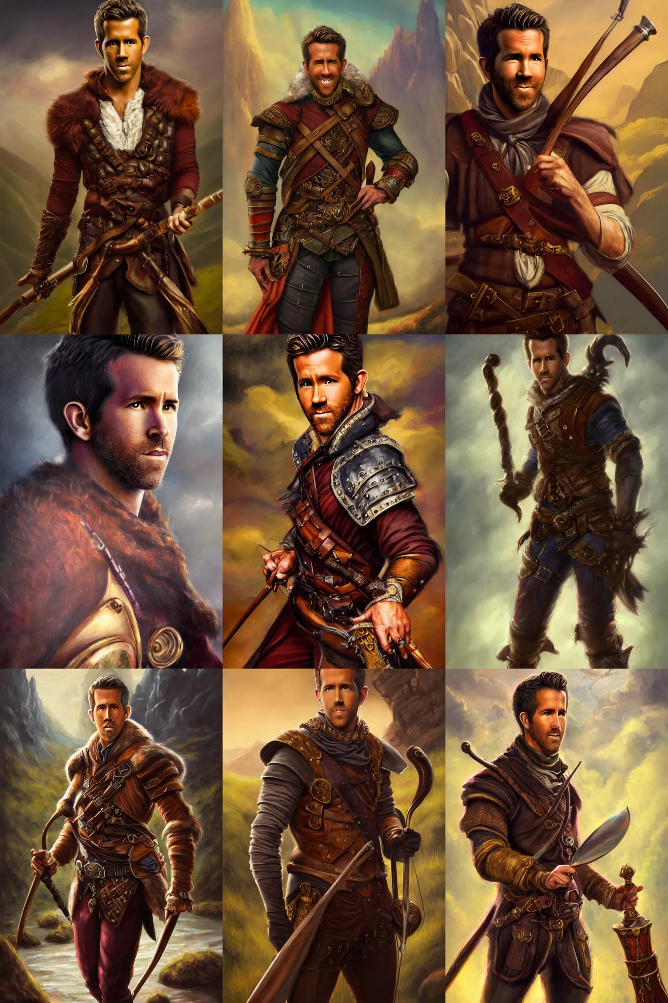 Prompt: a full body high detail fantasy portrait oil painting illustration of young ryan reynolds as dashing male bard by justin sweet with face and body clearly visible, in a scenic background, striking eyes, realistic proportions, d & d, rpg, forgotten realms, artstation trending, high quality, sombre mood, artstation trending, muted colours, entire person visible!