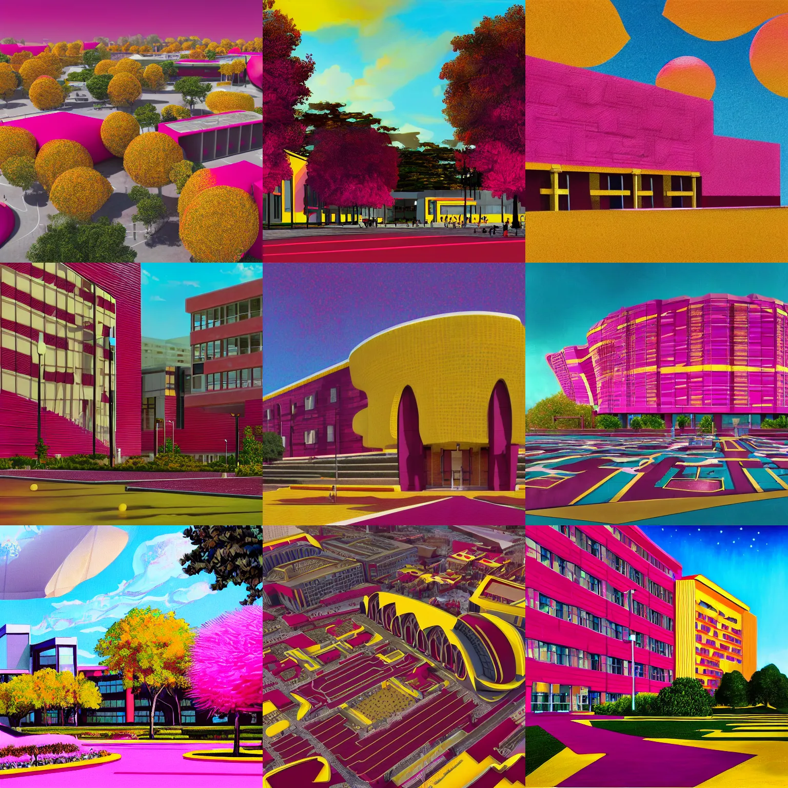 Prompt: photorealism capture of an afro futuristic college campus, hot pink and maroon and varsity yellow and gold color scheme, highly detailed, beautiful landscape, epic composition, by Endia Beal, HD, 32k