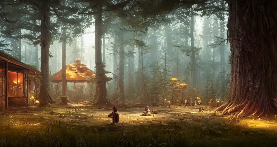 Image similar to A quiet tavern in the middle of a forgotten magical forest, large trees, mushrooms, atmospheric, rendered by simon stålenhag, rendered by Beeple, Makoto Shinkai, syd meade, environment concept, digital art, starwars, Gundam Style, unreal engine, 3 point perspective, WLOP, trending on artstation, low level, 4K UHD image, octane render,