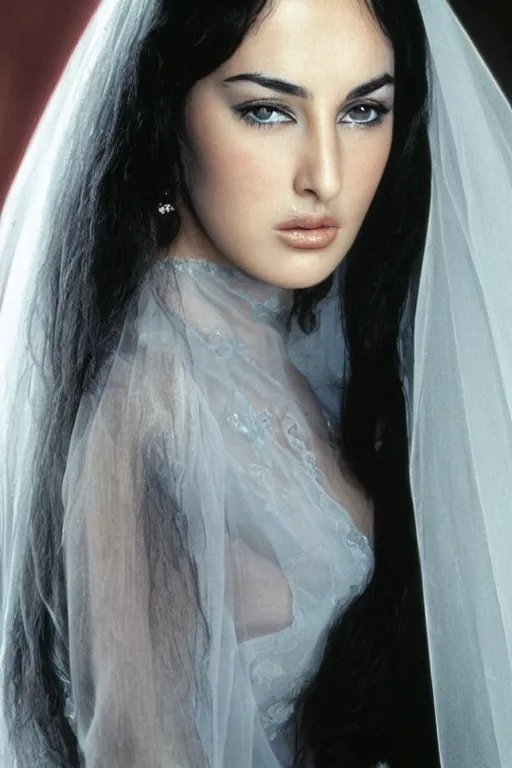 Image similar to young arab Monica Bellucci, blue eyes wearing corrective contact lenses, long wavy black hair, white veil, closeup, focus face, colored, middle eastern