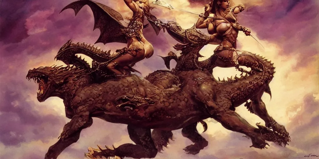 Image similar to portrait of a single barbarian princess riding a dragon into battle, intricate, elegant, highly detailed, digital painting, art by frank frazetta and boris vallejo