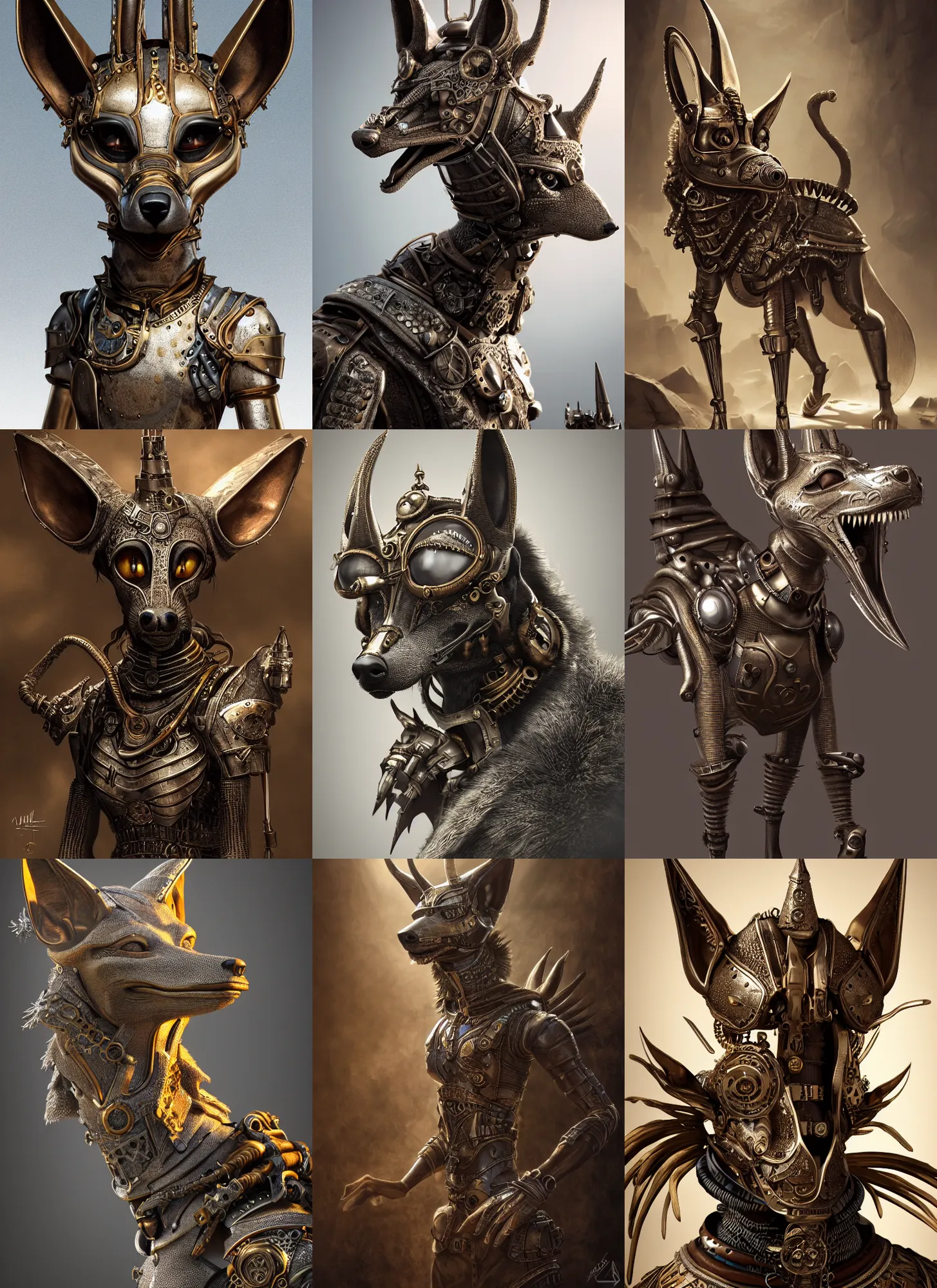 Prompt: anthropomorphic jackal wearing steampunk armor, beautiful natural rim light, intricate, fantasy, anubis, elegant, hyper realistic, photo realistic, ultra detailed, concept art, octane render, beautiful natural soft light, rim light, uplight, silver details, elegant, ultra detailed, dustin panzino, giger, mucha, artstation