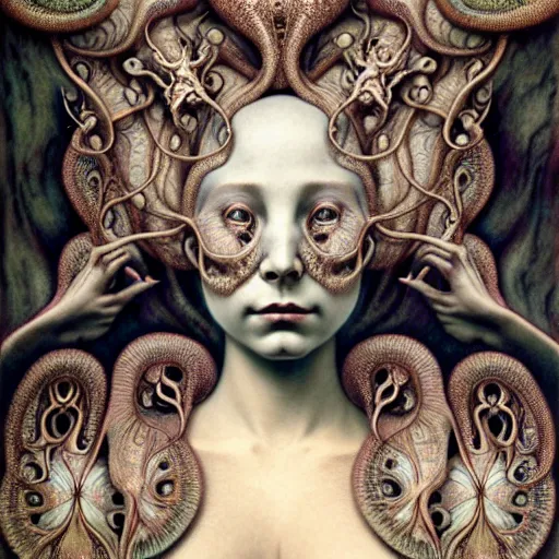 Image similar to detailed realistic beautiful porcelain calaveras face goddess portrait by jean delville, gustave dore, iris van herpen and marco mazzoni, art forms of nature by ernst haeckel, art nouveau, symbolist, visionary, gothic, neo - gothic, pre - raphaelite, fractal lace, intricate alien botanical biodiversity, surreality, hyperdetailed ultrasharp octane render