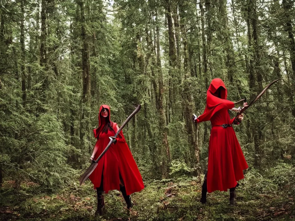 Image similar to a girl in a red hood with a twohanded axe in mysty deep mystical forest